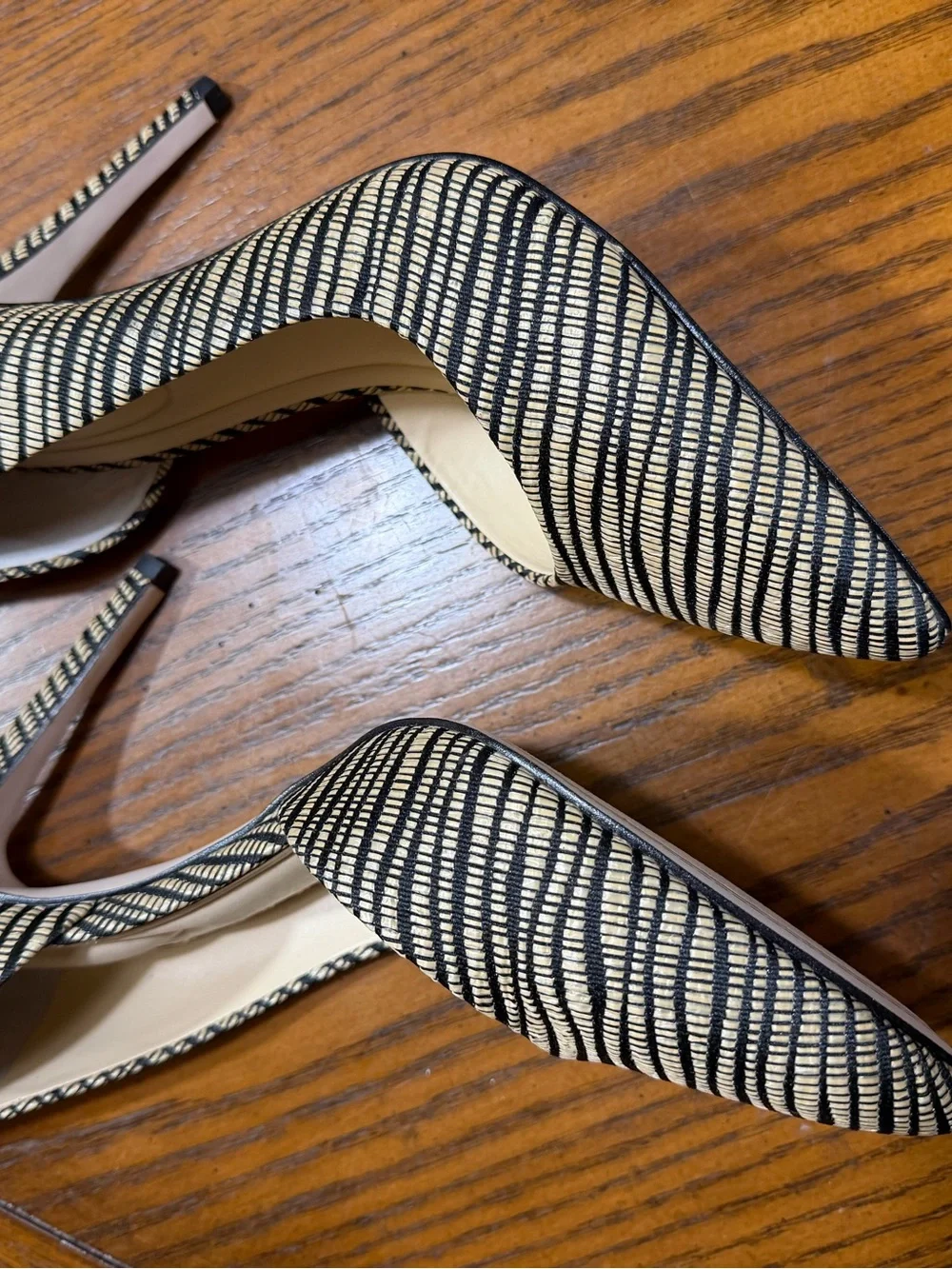 Striped Black and Nude Pointed Toe Stiletto Heels - Women